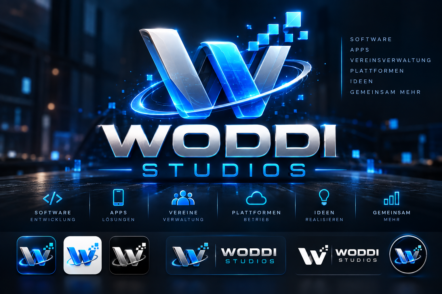 Woddi Studios – silberblaues W mit leuchtender Umlaufbahn